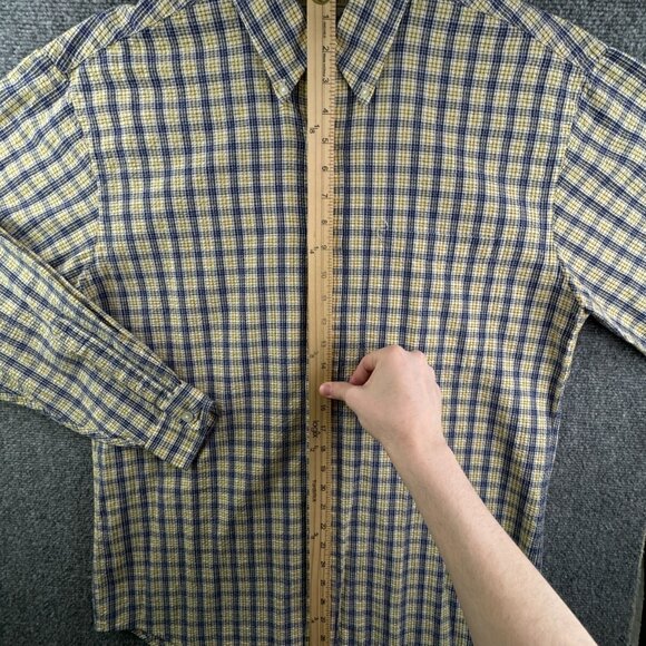 VTG LL Bean Textured Yellow Blue Plaid Long Sleeve Button Up Shirt Medium Cotton - Picture 3 of 15